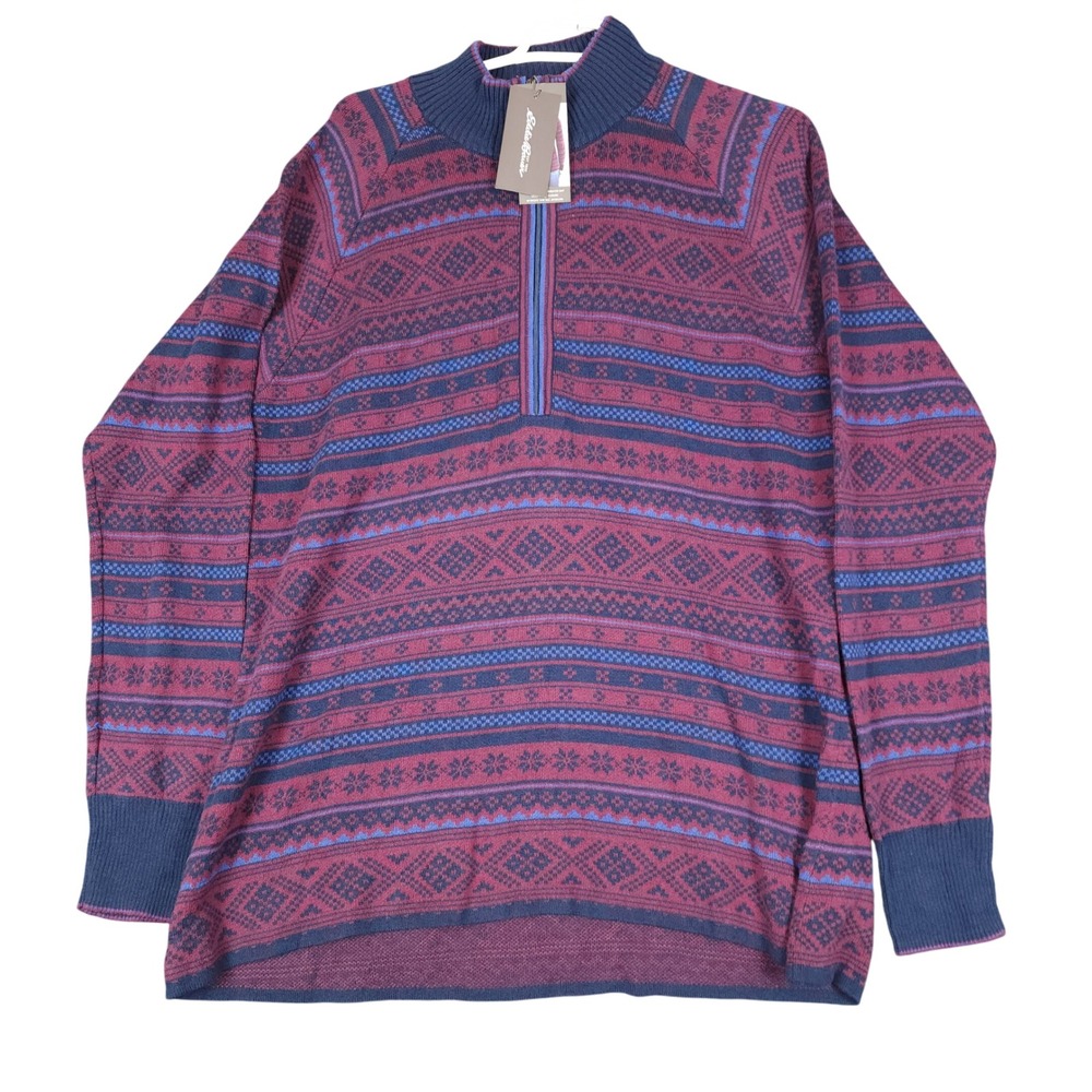 Eddie Bauer Women XL Berry Navy Fair Isle Knit 1/2 Zip Sweater Soft Breathable